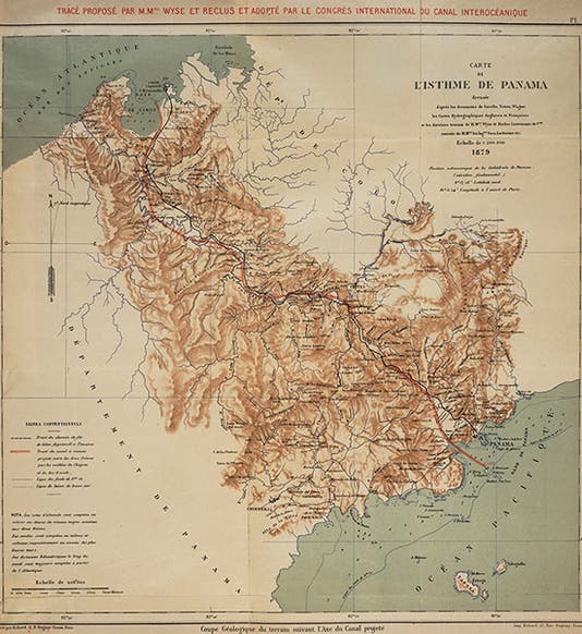 French map of proposed Panama Canal, detail of engraving, 1879, A.B. Nichols Collection (Linda Hall Library)