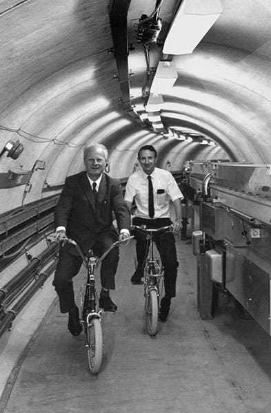 Hans Bethe, on the left, bicycling in what was then the Large Electron-Positron Collider at Cern (Physics World)