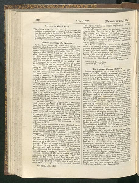 “Possible existence of a neutron,” a paper by James Chadwick, Nature, vol. 129, 1932 (Linda Hall Library)