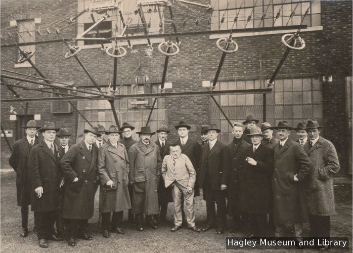 Steinmetz posing with scientists and engineers at an RCA transmission station in New Brunswick, NJ (Hagley Museum & Library)
