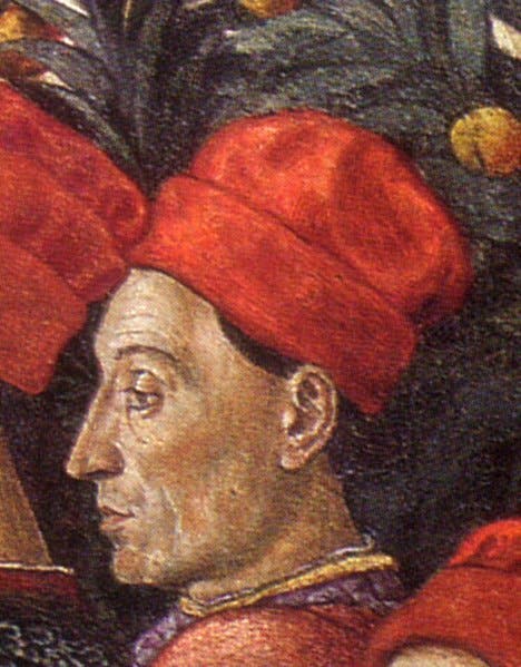 Possible portrait of Cyriaco d’Ancona, detail of Procession of the Oldest King, by Benozzo Gozzoli, Magi Chapel, Palazzo Medici Ricardi, Florence, 1459 (Wikimedia commons)