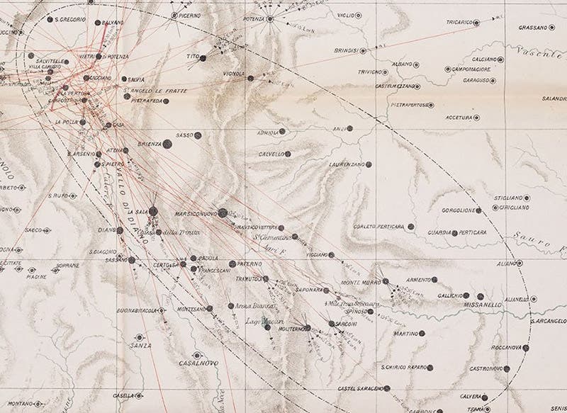 Detail of map above (seventh image), locating the destroyed towns of Polla, Saponara, Sarconi, and Montemurro, in the province of Salerno, region of Campania (Linda Hall Library)
