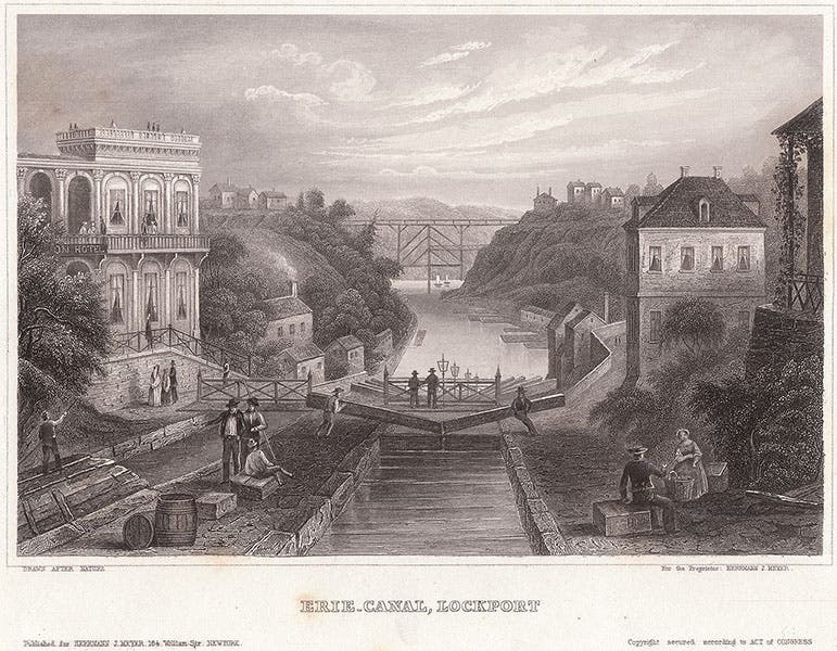 The Erie Canal at Lockport, etching, ca 1855 (Wikimedia commons)