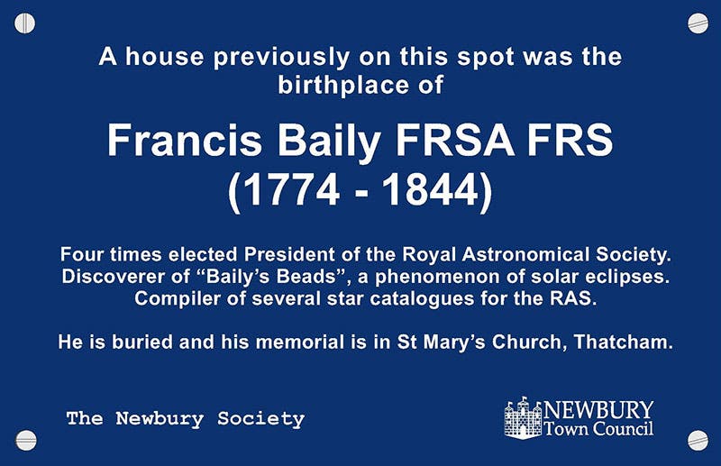 Blue plaque, at 62 Northbrook St., Newbury, Berkshire, honoring Francis Baily (Newbury Town Council)
