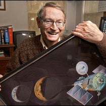 Photo of space pioneer Jerome Pearson holding rendering of space elevator concept. Photo credit; Wade Spees for the Washington Post