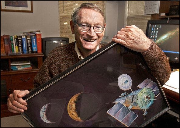 Photo of space pioneer Jerome Pearson holding rendering of space elevator concept. Photo credit; Wade Spees for the Washington Post