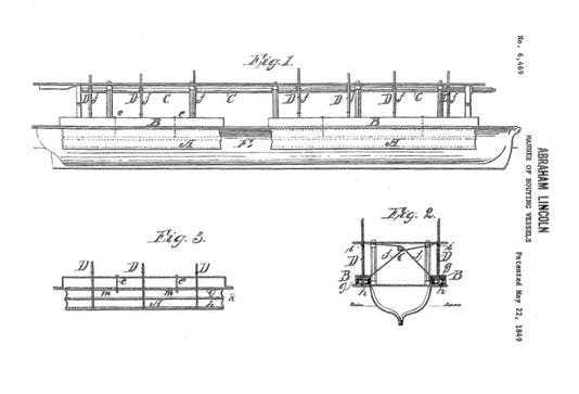 Diagram that accompanied Abraham Lincoln’s patent application, “Improved Method of Buoying Vessels over Shoals,” granted May 22, 1849, as patent no. 6,469 (docs.google.com