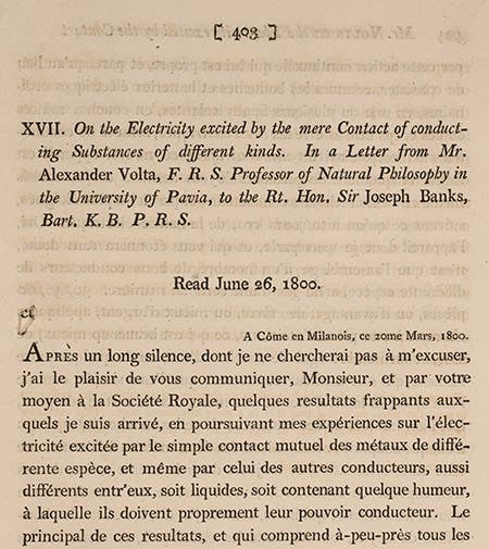 First page of Volta’s letter to Joseph Banks, Philosophical Transactions of the Royal Society of London, vol. 90, 1800 (Linda Hall Library)