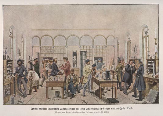 Teaching chemical laboratory set up by Justus von Liebig at the University of Giessen, later chromolithograph after a lithograph of 1840 (Wikimedia commons)
