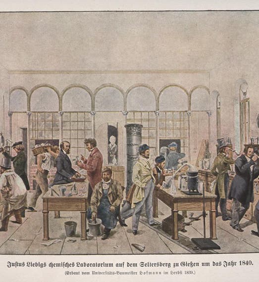 Teaching chemical laboratory set up by Justus von Liebig at the University of Giessen, later chromolithograph after a lithograph of 1840 (Wikimedia commons)