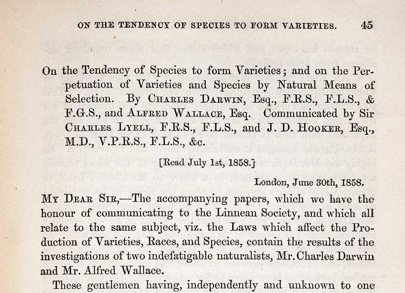 First paragraph of joint papers by Charles Darwin and Alfred Russel Wallace, “On the Tendency of Species to form Varieties…,” Journal of the Proceedings of the Linnean Society, Zoology, vol. 3, p. 45, 1859 (Linda Hall Library)