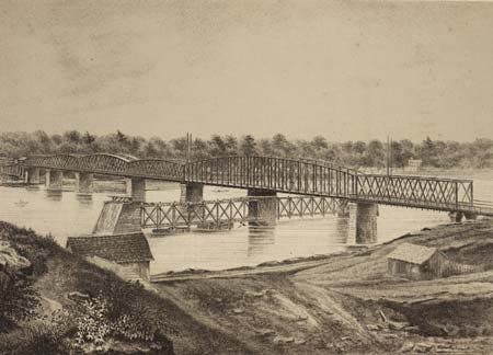 The Hannibal Bridge, designed by Octave Chanute, opened in 1869 in Kansas City, becoming the first bridge across the Missouri River. The bridge turned Kansas City in a transportation hub, connecting the city to the larger network of rail lines. A new bridge replaced the Chanute-designed structure in 1916 and remains in use today. Image source: Chanute, Octave