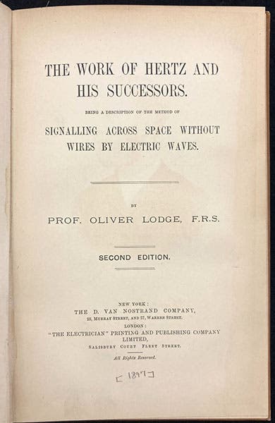 Title page, The Work of Hertz and his Successors, by Oliver Lodge, 2nd ed., 1897 (Linda Hall Library)