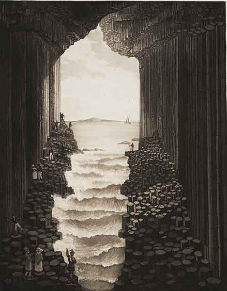 Inside Fingal’s cave, looking out, aquatint, Charles-Louis-Fleury Panckoucke, L'Ile de Staffa et sa grotte basaltique, 1831 (Linda Hall Library)