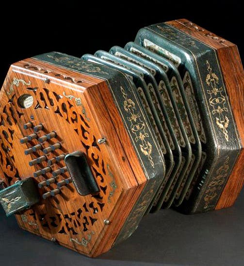 An original Wheatstone concertina, 24-key, sometime after 1829, Science Museum, London (collection.sciencemuseumgroup.org.uk)