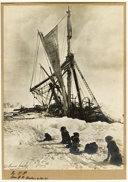The remains of the Endurance after being crushed by the icepack in the Weddell Sea, photo by Frank Hurley, sometime before Nov. 21, 1915 (Wikimedia commons)
