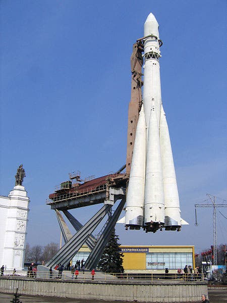 Soviet R-7 rocket, similar to the one that launched Sputnik I, on display in Moscow (Wikimedia Commons)