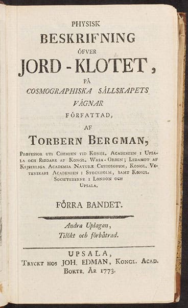 Title page, volume 1, Physisk Beskrifning öfver Jord-Klotet, by Torbern Bergman, 1773 (Linda Hall Library)