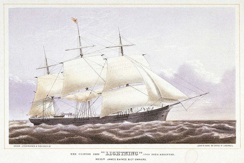 Lightning, extreme clipper ship designed and built by Donald McKay, launched 1854, still holds speed record for 24 hours (covering 436 nautical miles), lithograph by John Isaac (Wikimedia commons)
