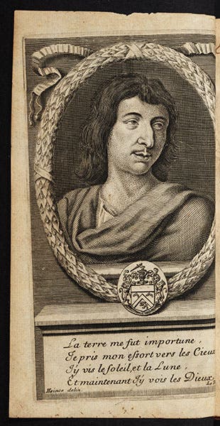 Portrait of Cyrano de Bergerac, engraved frontispiece, Oeuvres, 1703 (Linda Hall Library)