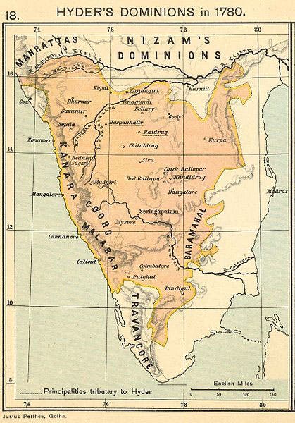 Map of Mysore during the time of Hyder Ali, 1780 (Wikimedia Commons)
