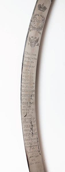 Inscription on the sword made for Emperor Alexander I from the Cape of Good Hope meteorite by James Sowerby, 1814, now in the Hermitage Museum, Saint Petersburg (royalsocietypublishing.org)