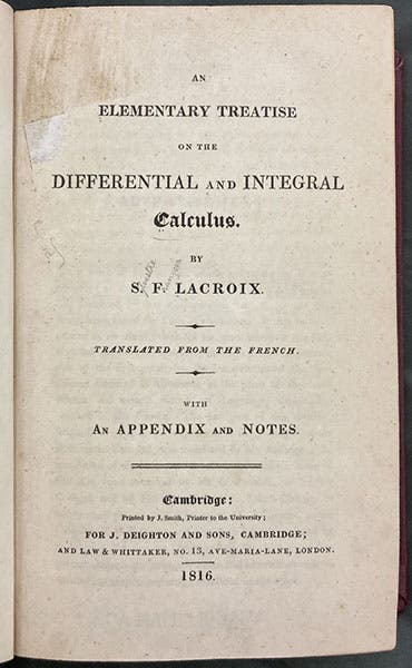 Title page, An Elementary Treatise on the Differential and Integral Calculus, by S.F. Lacroix, tr. by George Peacock et al., 1816 (Linda Hall Library)