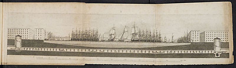Section of entire tunnel, with ships in place on the Thames; the Rotherhithe entrance ramp is on the right, that at Wapping is on the left, Sketches of the Works for the Tunnel under the Thames, from Rotherhithe to Wapping, 1828 (Linda Hall Library)