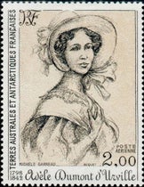 Postage stamp honoing Adèle Dumont d’Urville, issued by French Southern and Antarctic Lands (TAAF), 1981 (philarama37.com)