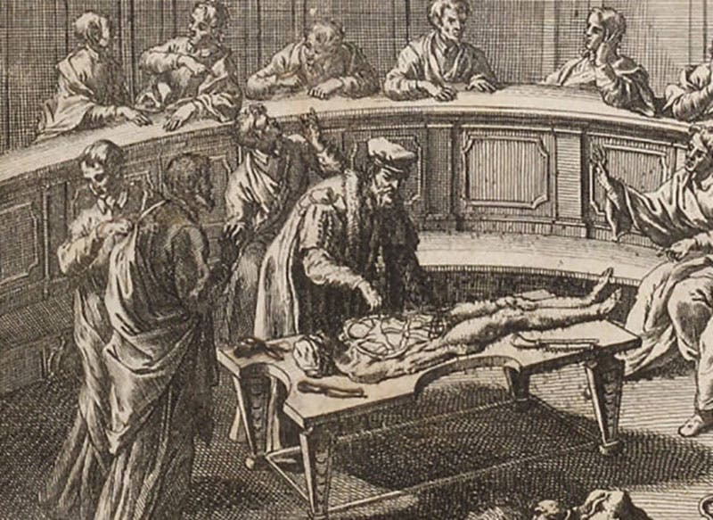 Bartolomeo Eustachi at the dissection table, detail of titlepage vignette, Bartolomeo Eustachi, Tabulae anatomicae, 1728 (Linda Hall Library)