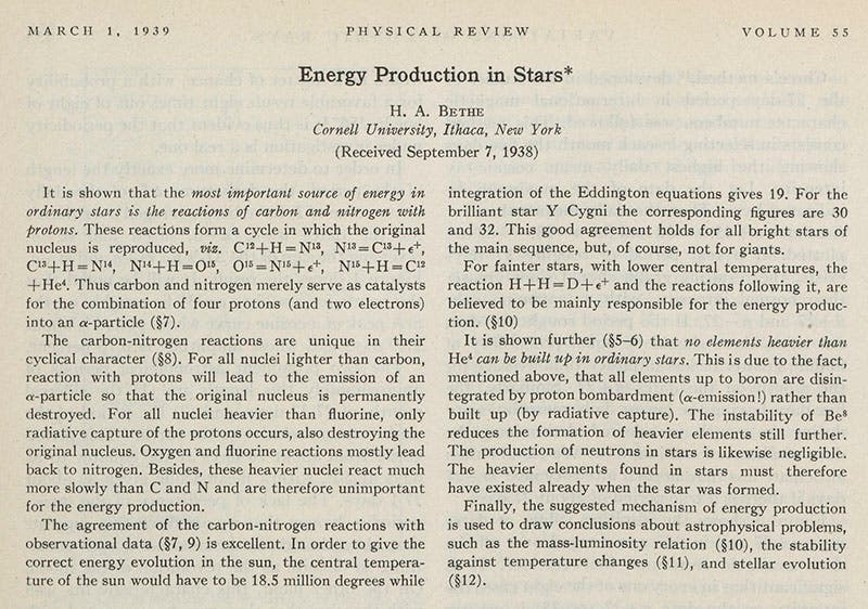 Detail of first page of paper by Hans Bethe on the energy production in stars, Physical Review, 1939 (Linda Hall Library)