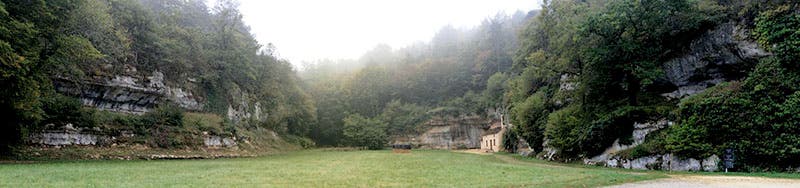 View of the valley of Les Combarelles, with entrance to cave just beyond the house at the right (Don’s Maps)