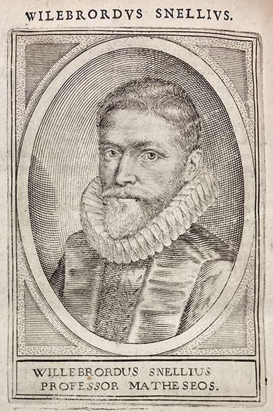 Portrait of Willebrord Snellius, engraving, from 
Illustrium Hollandiae & VVestfrisiae ordinvm alma Academia Leidensis by Johannes van Meurs, 1614 (Linda Hall Library)
