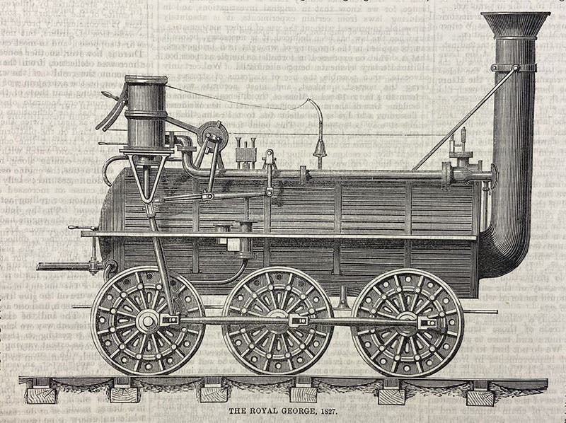 Royal George locomotive, used on the Stockton and Darlington Railway, 1827, drawing, The Engineer, Oct. 10, 1879, vol. 48, p. 276 (Linda Hall Library)