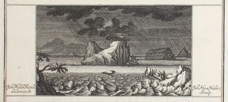 Title-page vignette, showing the Flood waters rising and shells being fossilized, engraving after a drawing by Johann Melchior Füssli, in Herbarium diluvianum, by Johann Jakob Scheuchzer, 1709 (Linda Hall Library)