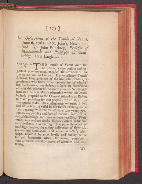 First page of John Winthrop’s article on the transit of Venus of June 6, 1761, in the Philosophical Transactions of the Royal Society of London, 1764 (Linda Hall Library)