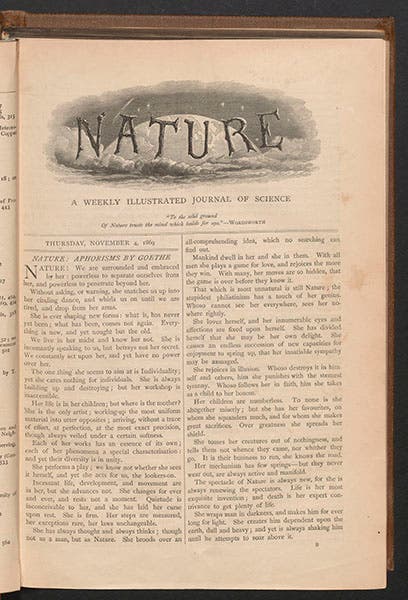 First page of first issue of Nature, Nov. 4, 1869, founded and edited by Norman Lockyer (Linda Hall Library)