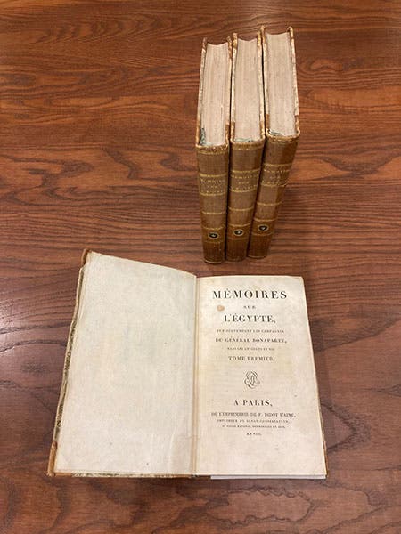 The four volumes of the Mémoires sur l'Égypte, proceedings of the Institute of Egypt, originally published in La Décade égyptienne, 1798-1801, republished here, 1800-03 (Linda Hall Library)