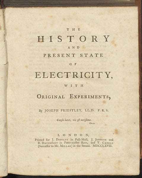 Title page, The History and Present State of Electricity, by Joseph Priestley, copy 1, 1767 (Linda Hall Library)