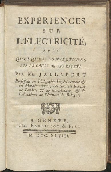 Title page, Jean Jallabert, Experiences sur l’electricité, 1748 (Linda Hall Library)