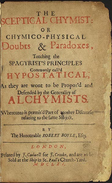 Title page of The Sceptical Chymist, by Robert Boyle, 1661 (gutenburg.org via Wikimedia commons)