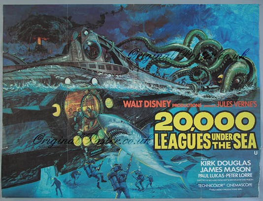 Original movie poster for <i>20,000 Leagues Under the Sea</i>, filmed in CinemaScope, 1954 (originalposter.co.uk)