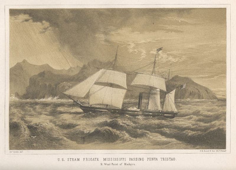 U.S. Steam Frigate Mississippi in a storm, tinted lithograph, Francis L, Hawks, Narrative of the Expedition of an American Squadron to the China Seas and Japan, vol. 1, 1856 (Linda Hall Library)