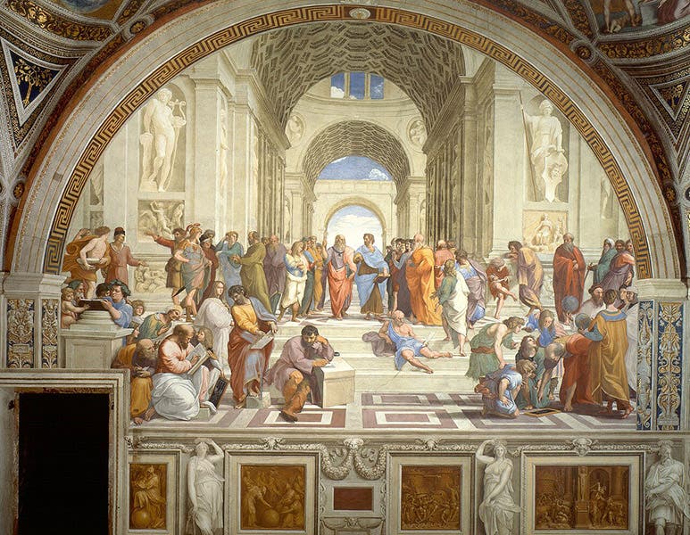 School of Athens, fresco by Raphael Sanzio, 1509-11, Stanza della Signatura, Vatican, commissioned by Pope Julius II (Wikimedia commons)