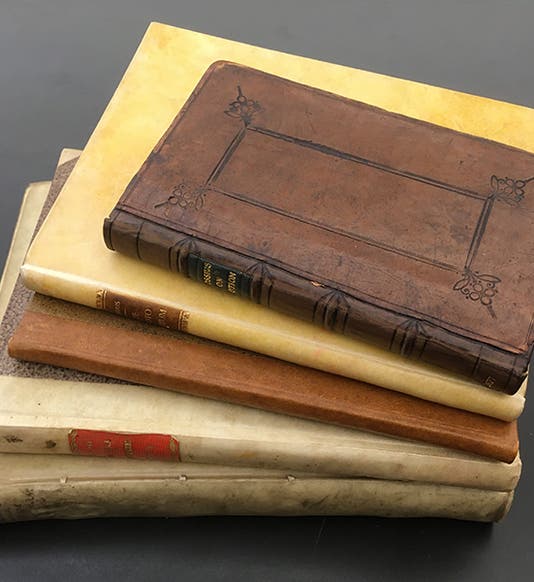 Five books by Isaac Vossius in our Library’s History of Science Collection; the small one on top is <i>A Treatise concerning the Motion of the Seas and Winds</i>, 1677, a translation of the second book in the stack; the vellum-bound book on the bottom is <i>Variarum observationum liber</i>, 1685 (Linda Hall Library)