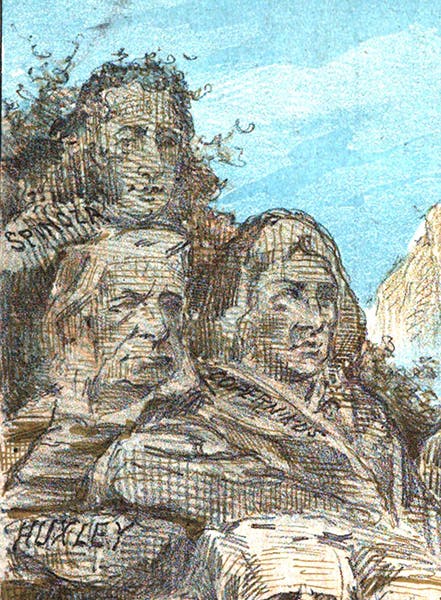 Spinoza, T.H. Huxley, Copernicus, detail of fourth image, Puck cartoon of June 3, 1885 (books.google.com)