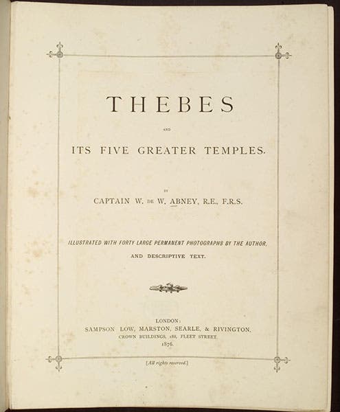 Title page, Thebes and its Five Greater Temples, by William de Wiveleslie Abney, 1876, University Library, Heidelberg (digi.ub.uni-heidelberg.de)