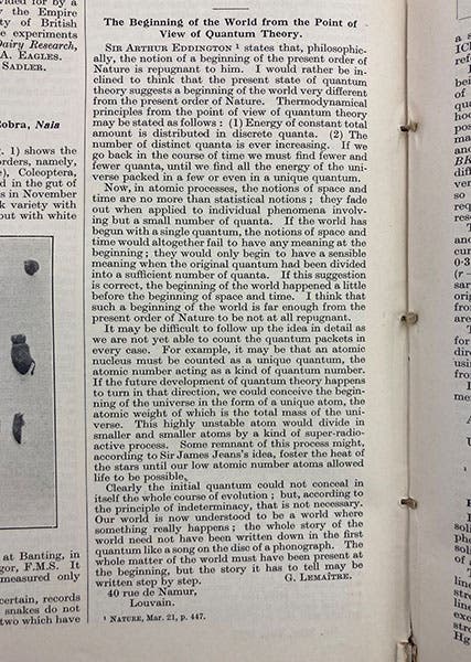 The entire one-column notice in which Georges Lemaître proposed the idea of the Primeval Atom (although that term does not appear in the notice), Nature, vol. 127, 1931 (Linda Hall Library)