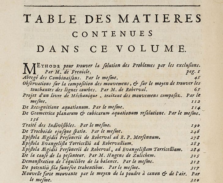 Table of contents of Divers ouvrages de mathematique de de physique, 1693, listing 6 short treatises and 3 letters by Gilles Personne de Roberval (Linda Hall Library)