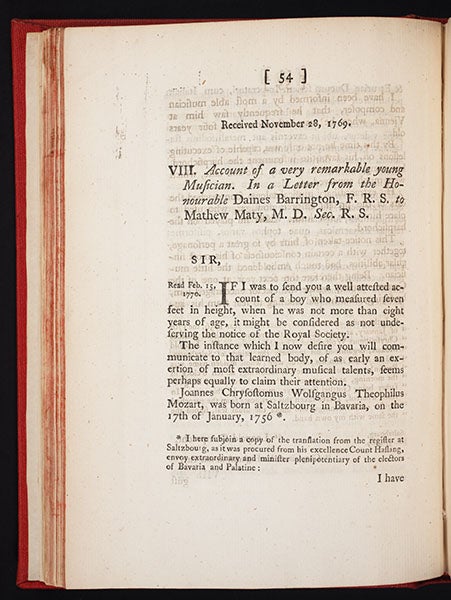 First page of Daines Barrington’s account of his meeting with Wolfgang Amadeus Mozart, Philosophical Transactions of the Royal Society of London, 1770 (Linda Hall Library)